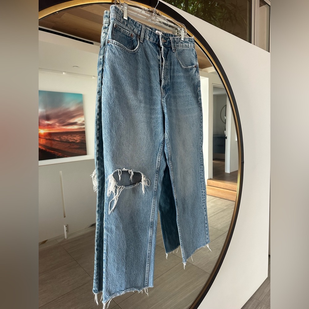 Zara Distressed Denim Blue Jeans Size 12 Baggy Fit